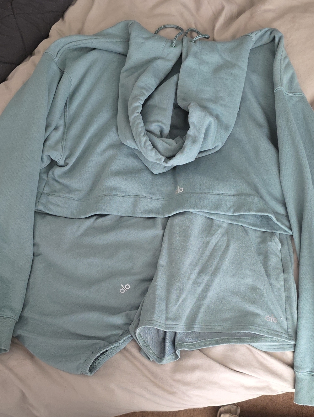 ALO Yoga Dusty Blue Cropped Hoodie, Top & Lounge Shorts Three Piece Set
